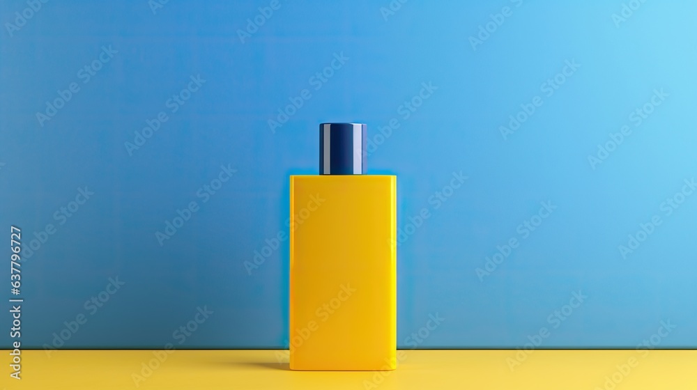 Aufkleber Front view mockup template of a blue rectangular spray perfume bottle on a yellow background with copy space