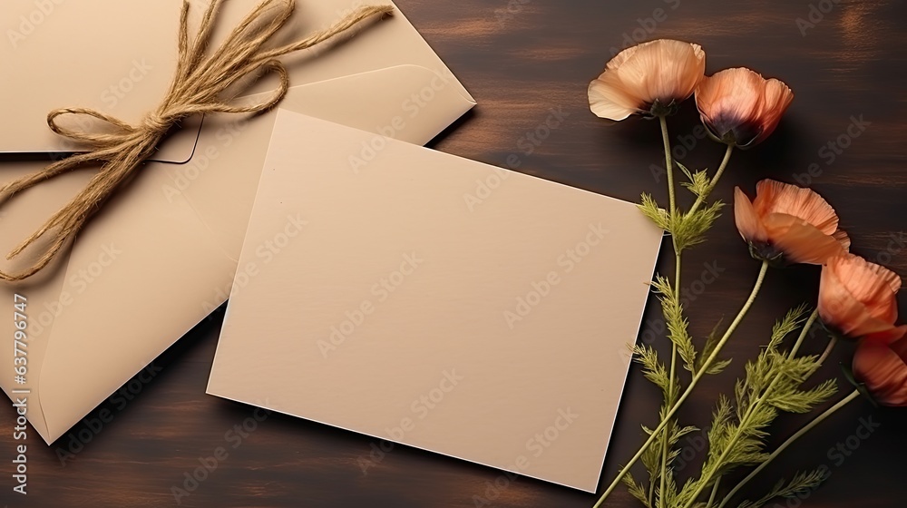Poster blank wedding invitation card template with copy space on kraft envelope and poppy stem design for b