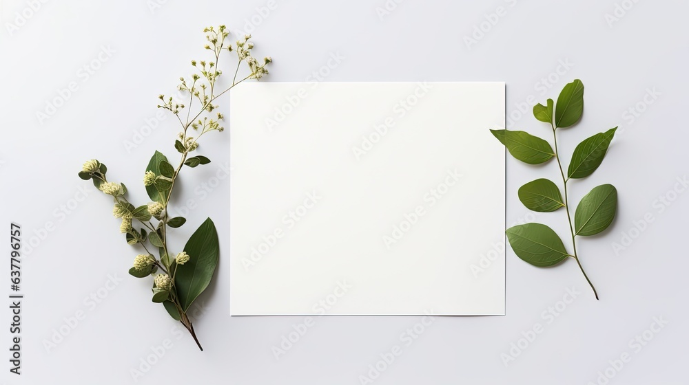 Poster Minimal business brand template with blank card pen and green floral twig on light gray background Flat lay top view. Mockup image
