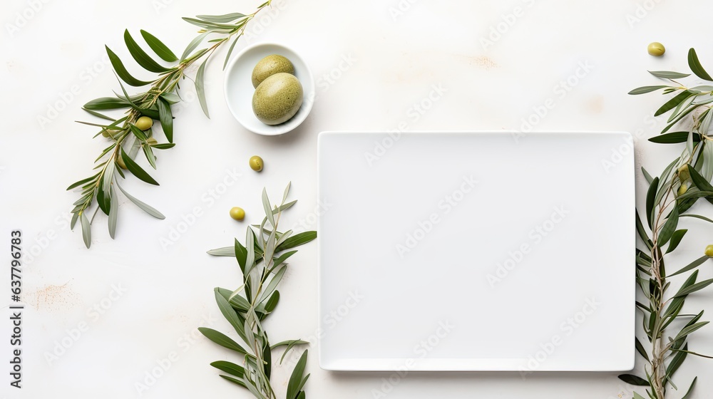 Poster Top view of an elegant wedding table with invitation card porcelain plates adorned with olive branches Modern square blank paper card flat lay with Mediterranean. Mockup image