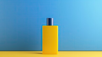 Front view mockup template of a blue rectangular spray perfume bottle on a yellow background with copy space