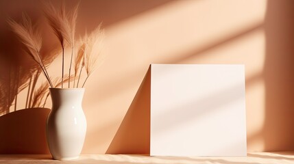 Card with blank space ginger background with sun shadows Dried palm leaf stem glass vase with sunlight reflections. Mockup image