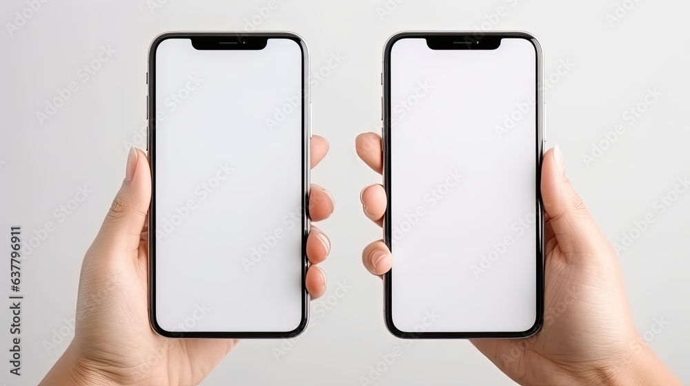 Sticker close up of a hand holding a smartphone with a blank screen. mockup image