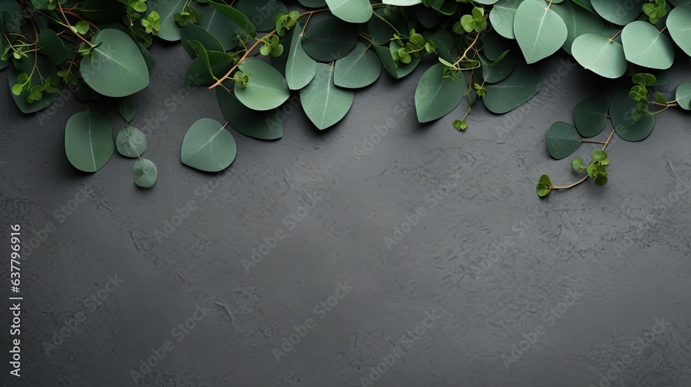 Aufkleber eucalyptus branches with green leaves on stone table flat lay copy space. mockup image