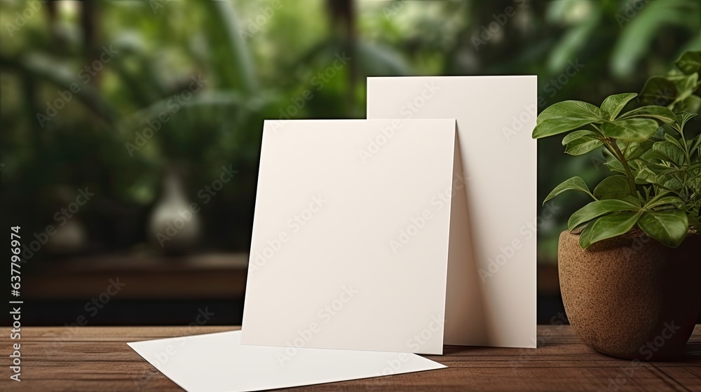 Poster Table with blank cards for business branding and copy space. Mockup image