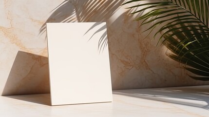 Mockup card with copy space and palm leaf on marble table in soft sunlight with shadow silhouette