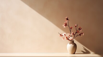 Flowers in a vase cast a shadow on a neutral background with light and space for interior design. Mockup image