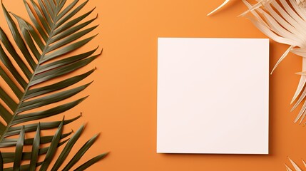 Minimal brand template with dried palm leaf on orange background featuring blank paper cards for mockup Flat lay top view