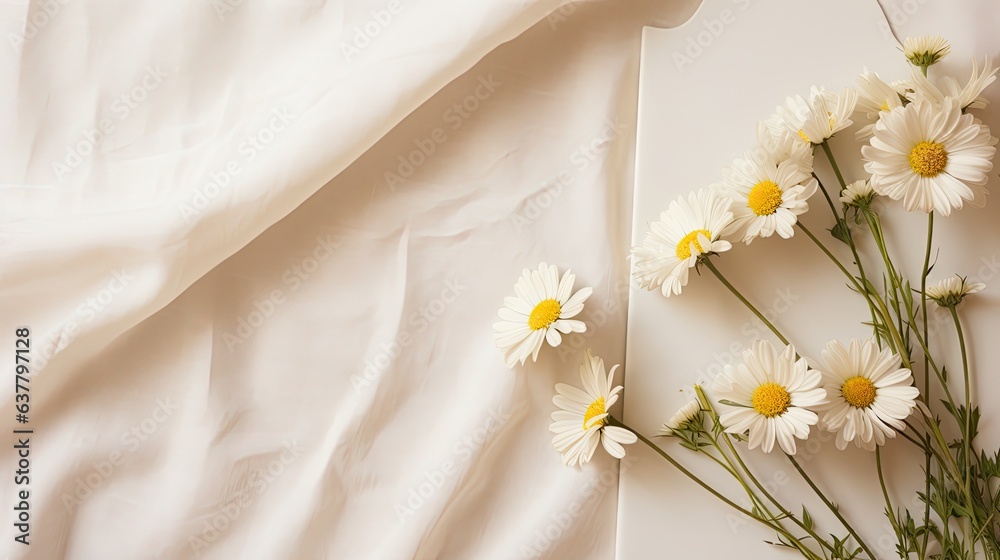 Aufkleber a blank wedding invitation template with chamomile buds and muslin cloth on a neutral background min