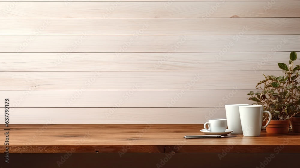 Aufkleber front view of workspace with wooden desk table supplies and coffee mug featuring copy space . mockup