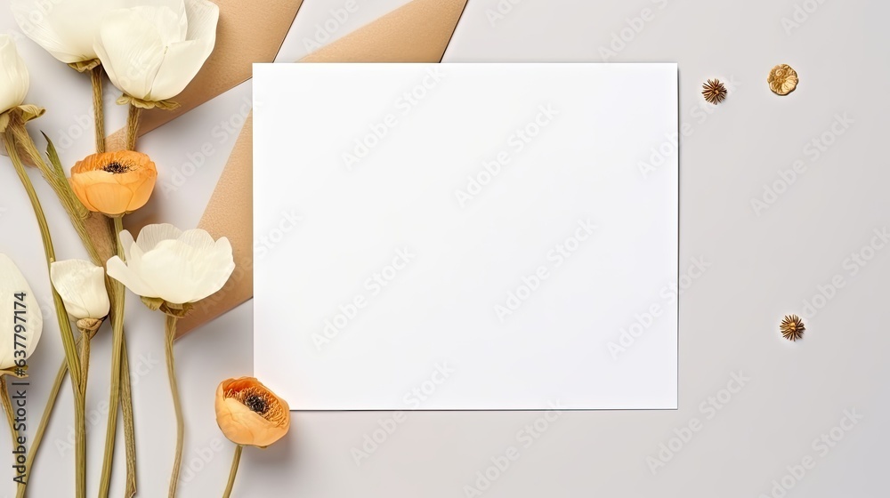 Sticker white and gold invitation cards and envelope with poppy stem flower authentic wedding invitation tem