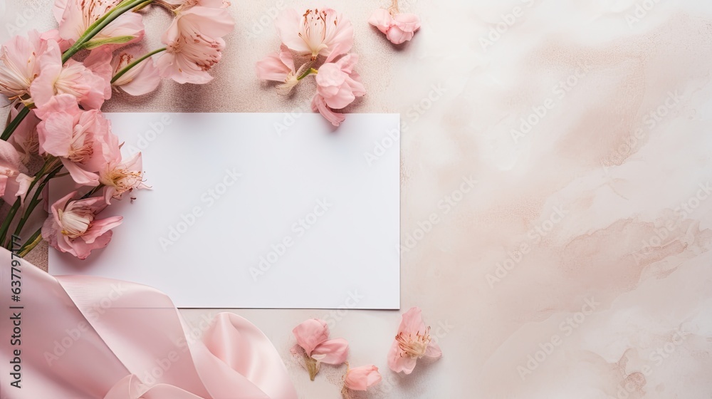 Poster top view over a white marble table with a blank vertical card pink flowers and silk ribbons ideal fo