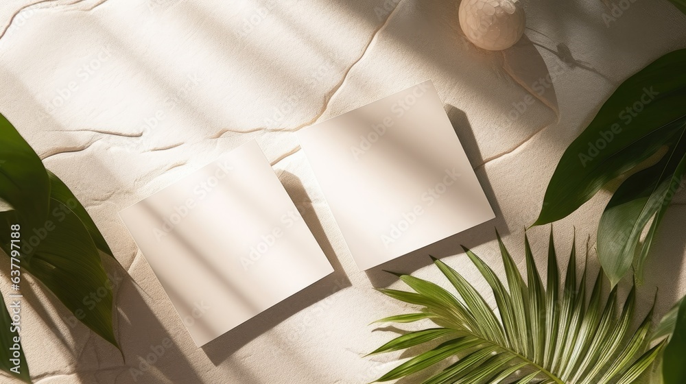 Poster A brand template for business with a minimal design featuring blank cards and a palm leaf on a marble table under sunlight. Mockup image