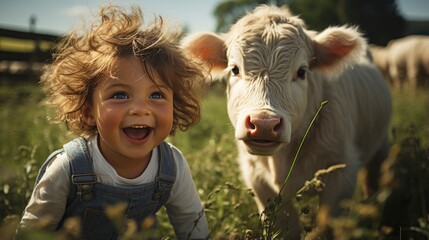 Baby Boy milk the cow, playing with cow on a milk meadow farm, happy face, bright background, bright colors, mom and dad standing behind her Far away is a group of cow eating grass