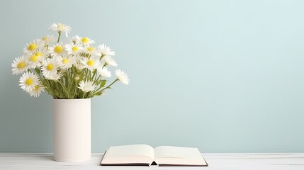 Front view mockup of a 2021 diary with white chamomile flowers in a vase on a white table providing space for text