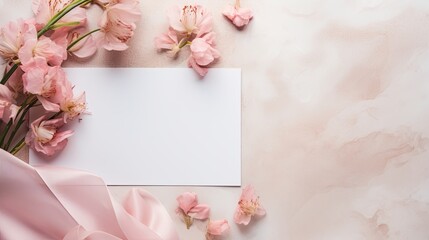 Top view over a white marble table with a blank vertical card pink flowers and silk ribbons Ideal for romantic invitations or greeting card presentations . Mockup image