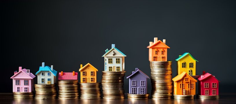 Miniature houses with coins, the concept of real estate prices.