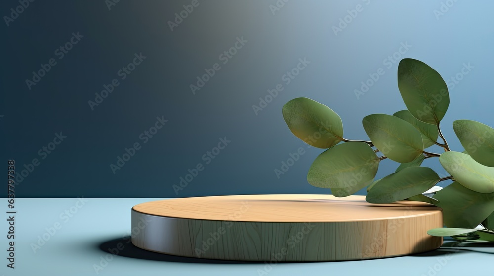 Poster wood slice podium with eucalyptus leaves and shadows on blue background 3d render minimal concept ad