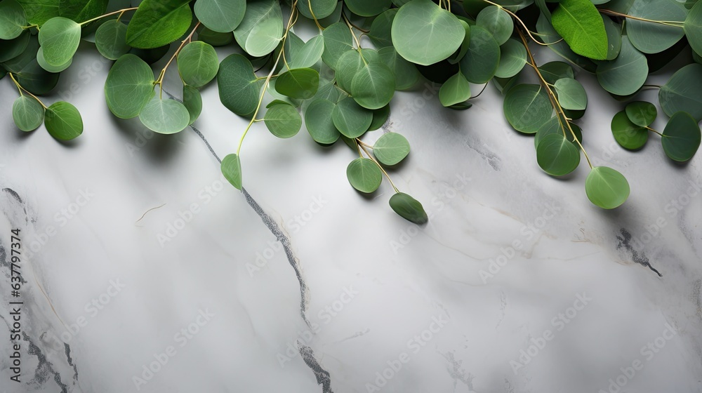 Aufkleber eucalyptus branches with green leaves on stone table flat lay copy space. mockup image
