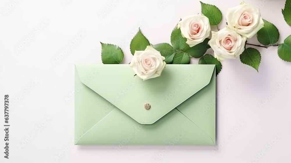 Poster rose flowers on white background with green envelope and copy space. mockup image