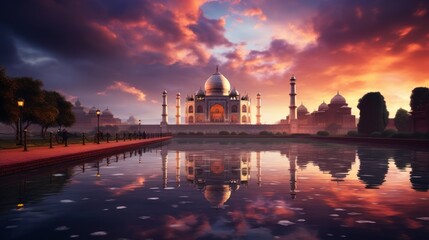 Obraz premium Cinematic low angle shot of Taj Mahal, breathtaking aurora light sky background,