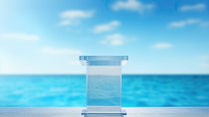 Transparent podium in blue water background with empty space . Mockup image