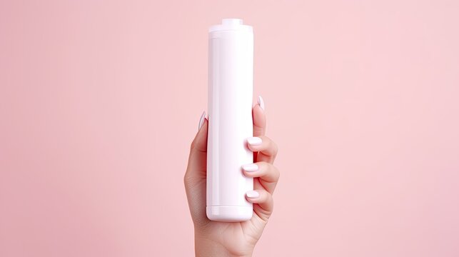 Blank white squeeze bottle plastic tube being held by young female hands on pink background Copy space for cosmetic beauty product branding mockup