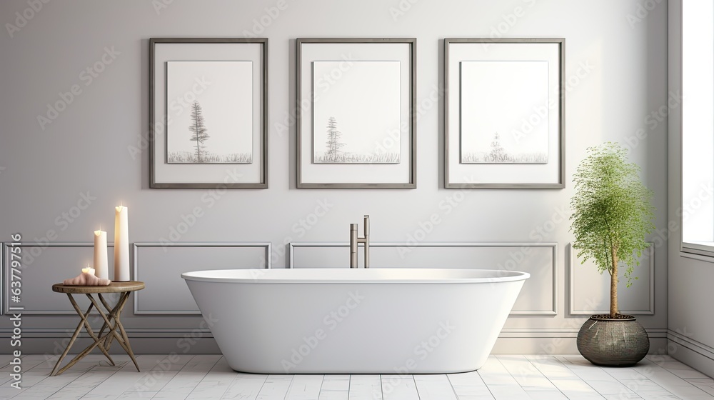 Poster empty frames in a bright bathroom. mockup image