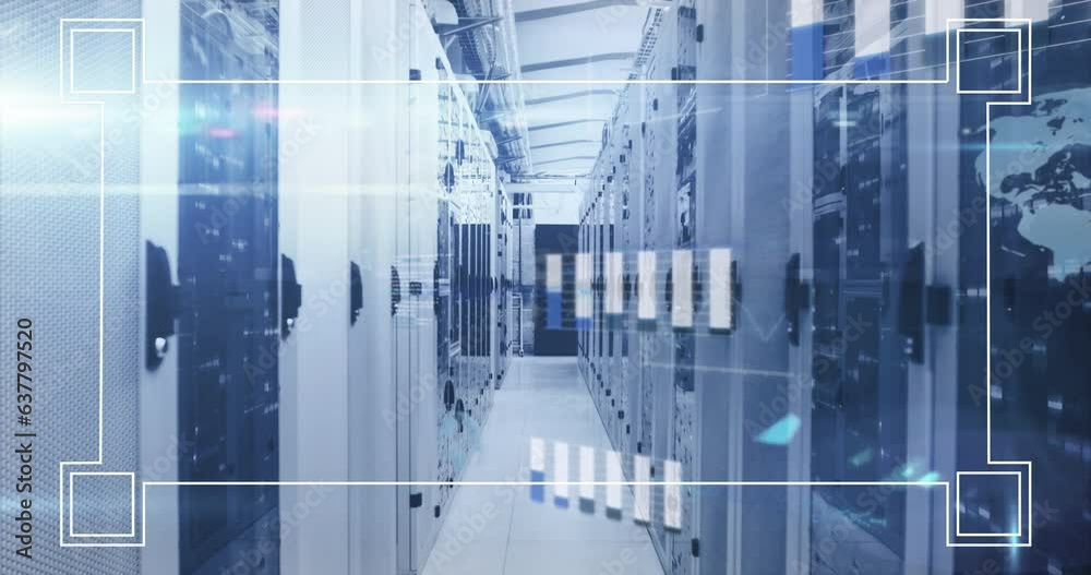 Poster animation of graphs, globe and computer language over bars on server racks in server room