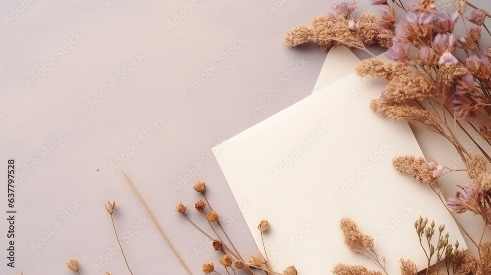 Poster top view of blank cards envelopes and dried flowers on textured beige background with copy space fla