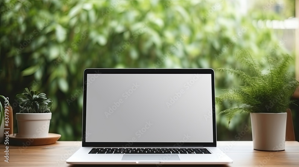 Poster blank screen workspace with laptop on table . mockup image