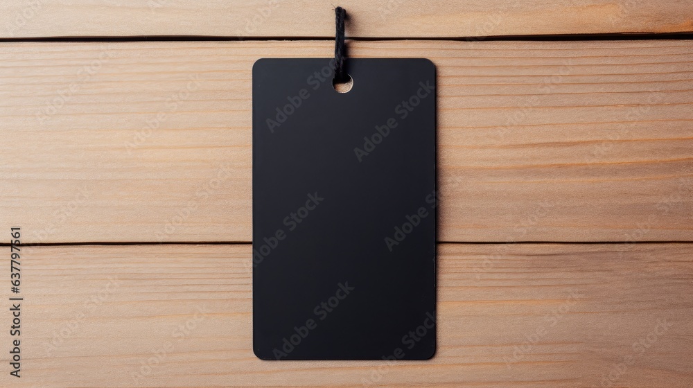 Poster blank black paper label made from recycled kraft paper hanging on white table background representin