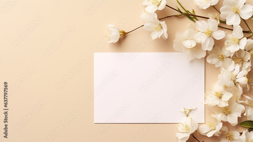 Canvas Prints Mockup of summer wedding stationery with solid color cards and invitations on beige background adorned with white flowers Includes natural light and shadow overl