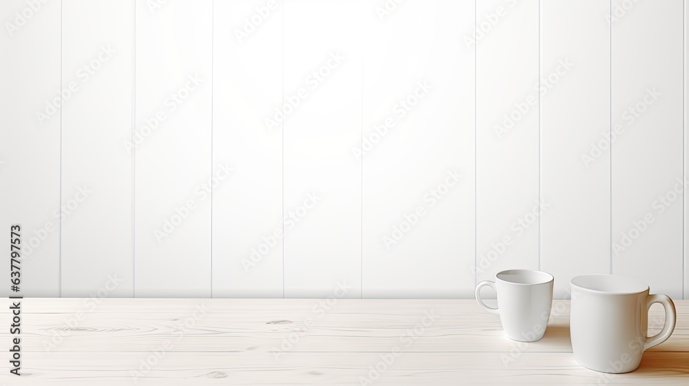 Aufkleber Front view of a white desk with copy space supplies and a coffee mug. Mockup image