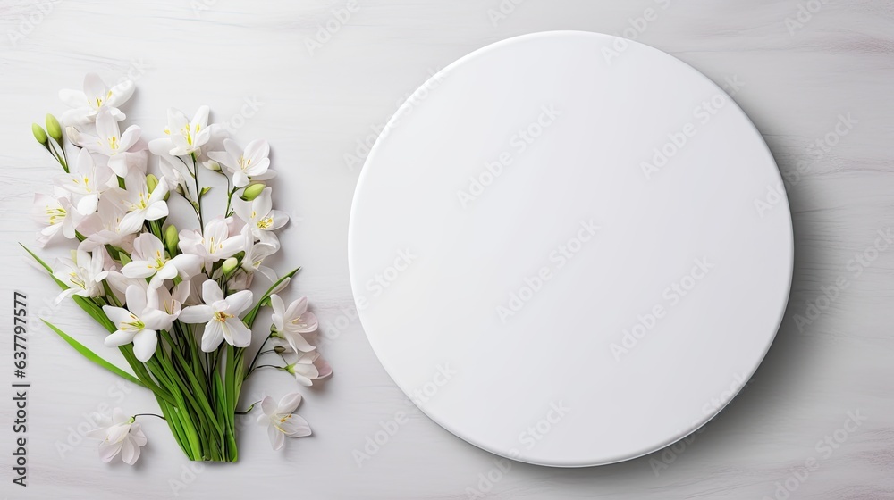 Aufkleber round empty podium with white flowers on light grey background natural frame for advertising copy sp