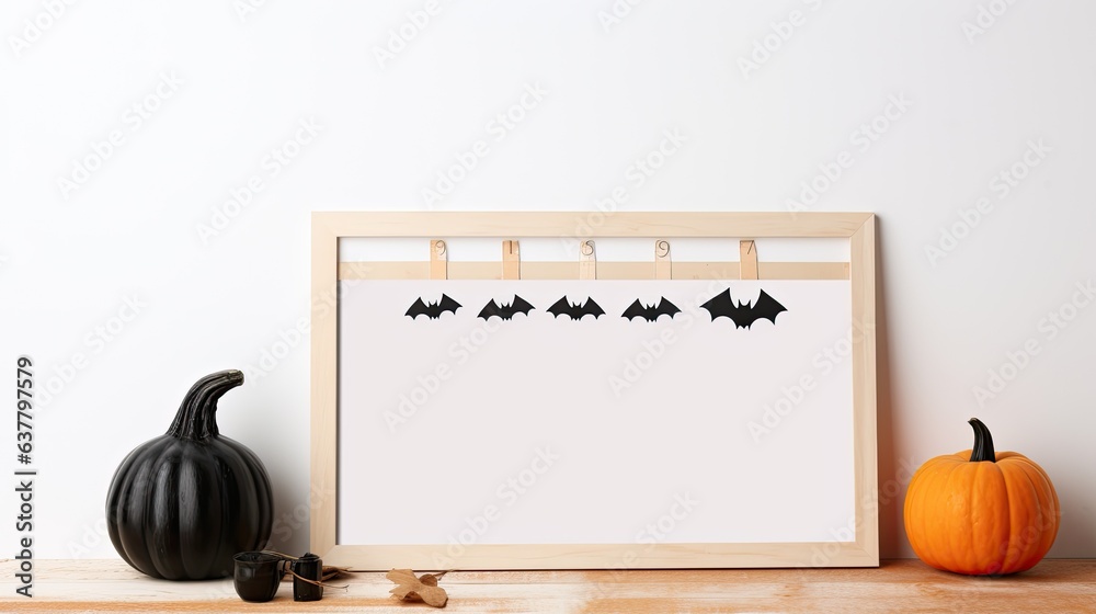 Poster Halloween themed display Black frame and rustic wood ghost decor on wood shelf with calendar Portrait frame on white wall with bats Empty area. Mockup image