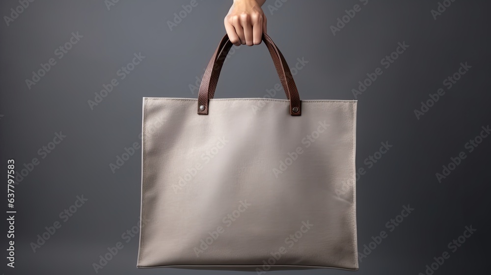 Aufkleber girl holds empty canvas bag on gray background. mockup image