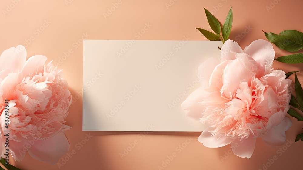 Aufkleber peony flower with shadows on peach background minimalist brand template. mockup image