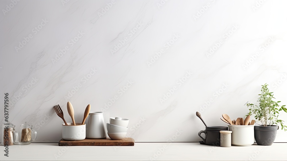 Aufkleber modern kitchen setting with utensils on countertop space for text viewed from the front. mockup imag