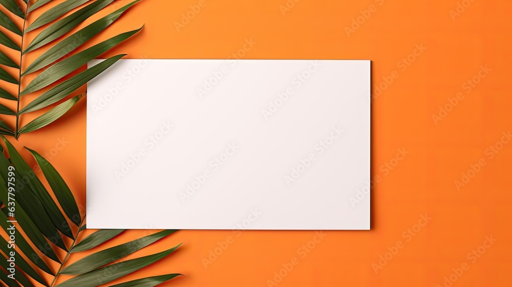 Poster minimal business brand template with blank paper sheet and dry palm leaf on orange background flat l