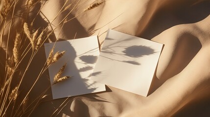 Minimal brand template with blank paper sheets dried grass soft sunlight shadows on gold silk cloth Top view aesthetic flat lay . Mockup image