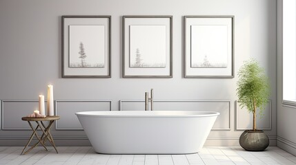 Fototapeta na wymiar Empty frames in a bright bathroom. Mockup image