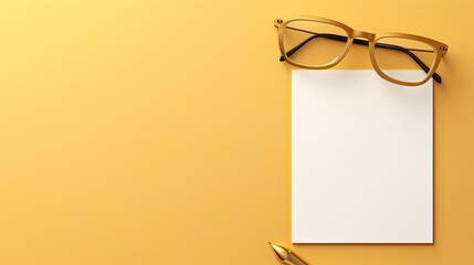 Minimalist gold themed office desk with blank card mockup elegant stationery and glasses for branding or invitations