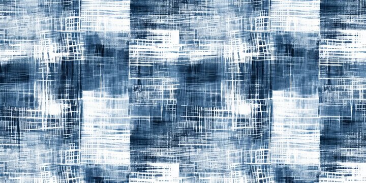Seamless Scribbled Crosshatch Patchwork Squares pattern in Indigo Blue and White. High resolution textile background texture, Generative AI