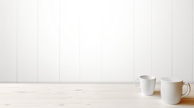 Front view of a white desk with copy space supplies and a coffee mug. Mockup image