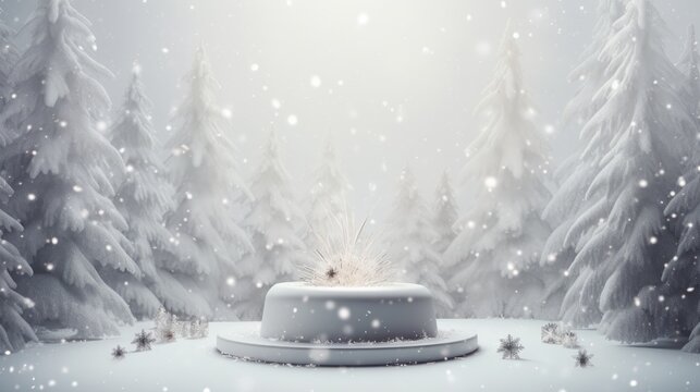 Winter holiday display featuring a snowy white podium with fir trees Ideal for showcasing New Year and Christmas products. Mockup image