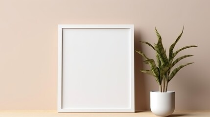 Blank square picture frame on a wall used for interior design templates . Mockup image