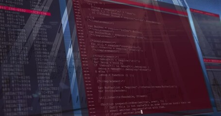 Animation of computer language, mathematical equation and diagrams, low angle view of server room - Powered by Adobe