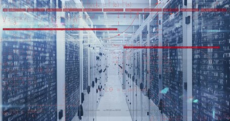Animation of lines, mathematical equations and diagrams over binary codes on server room