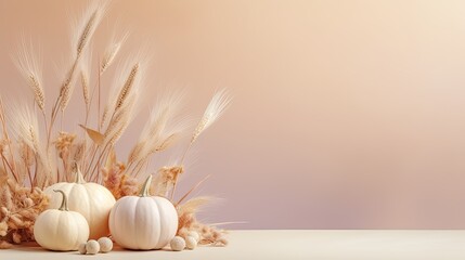 Obraz na płótnie Canvas Fall themed creative concept with empty mockup area featuring decorative pumpkins dried grass and a pastel background